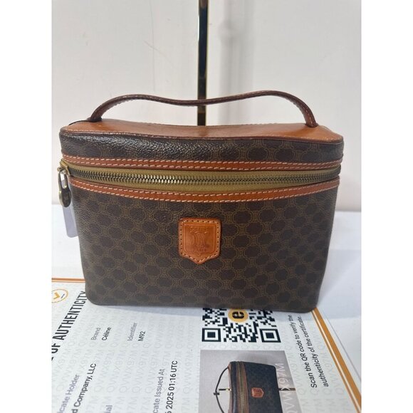 CELINE Macadam Triomphe Zip Top Handle Vanity Bag Brown Authentic - Picture 1 of 9